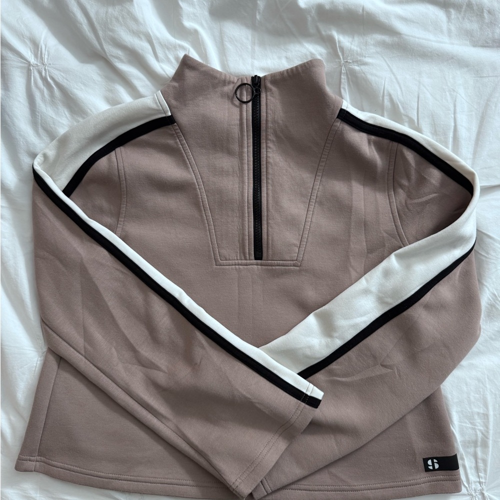 Taupe Quarter-Zip Pullover with Black and White Stripes